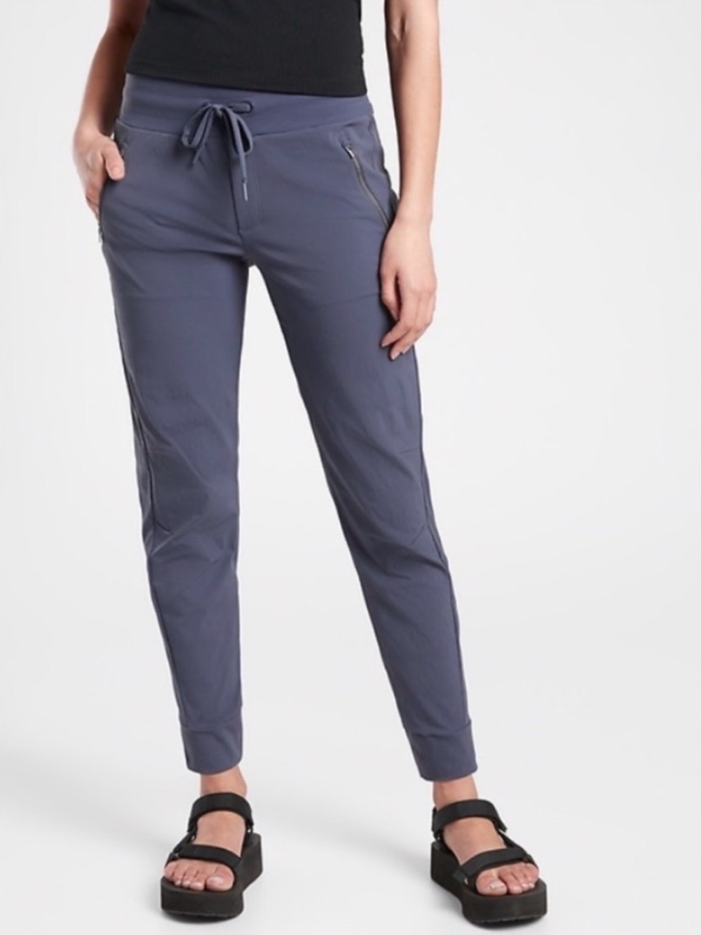 Athleta Trekkie Jogger Slate Blue Drawstring Zip Pockets Water Resistant Stretch